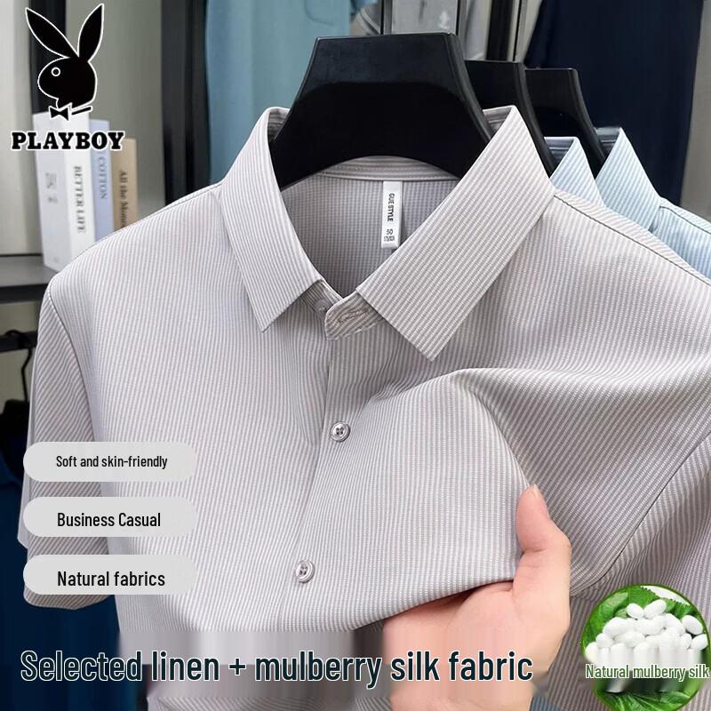 Playboy Men's Silk-Blend Short-Sleeve Wrinkle-Free Cool-Touch Shirt