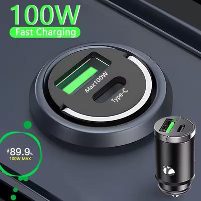 100W Mini-Autoladegerät Leichteres Schnellladen für iPhone QC3.0 Mini PD USB Typ C Autotelefonladegerät für Xiaomi Samsung Huawei