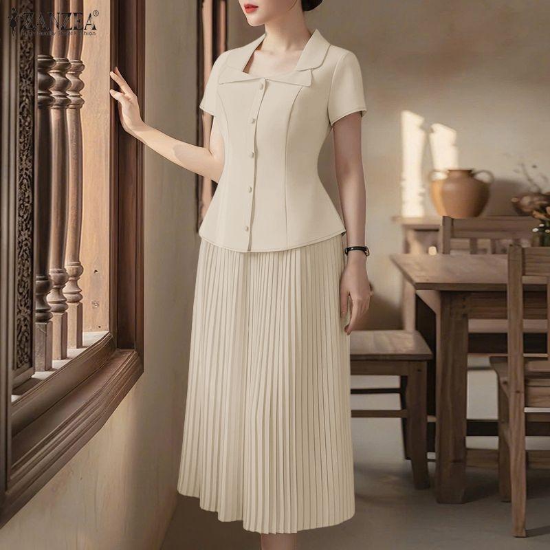 ZANZEA Damskie bluzki z krótkim rękawem i spódnice Letnie dwuczęściowe zestawy garniturowe