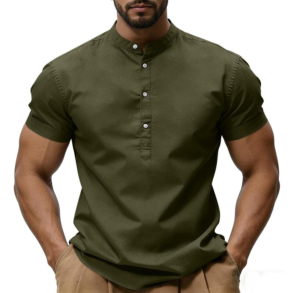 Herren Casual, Farbe V, Ausschnitt Kurz,ärmeliges T,shirt, Baumwoll-Leinen-Mischung Lässiges Oberteil Mit Dekorative Knöpfen.
