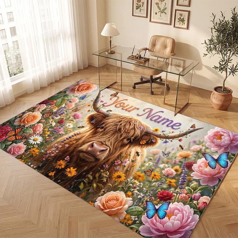 Highland Cow Theme Soft Crystal Velvet Rug Custom Name & Text Print Non Slip Floor Rug for Bedroom Living Room