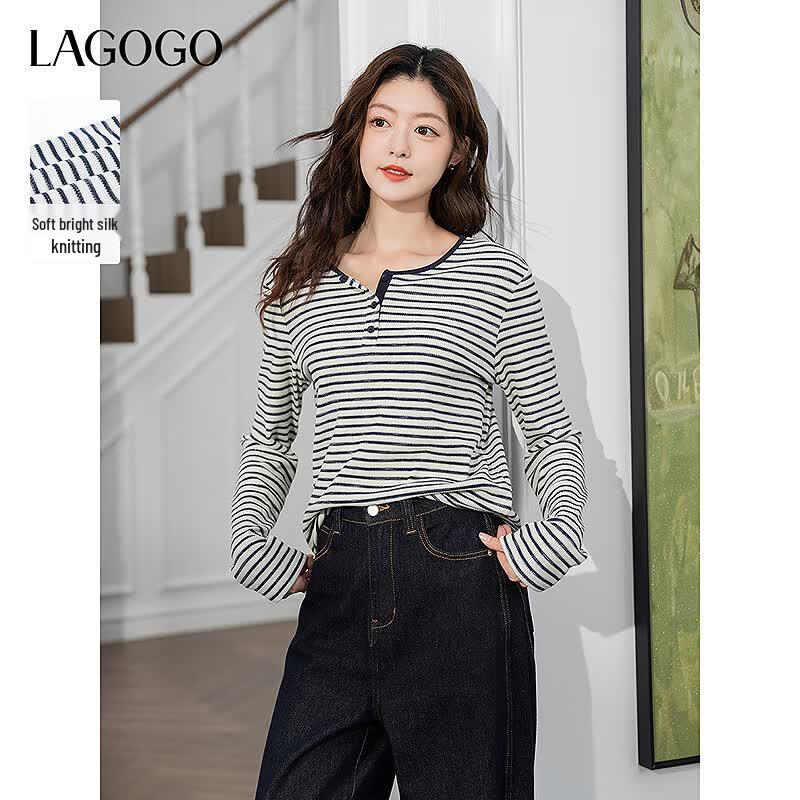 LAGOGO Women s Striped Henley T-Shirt L
