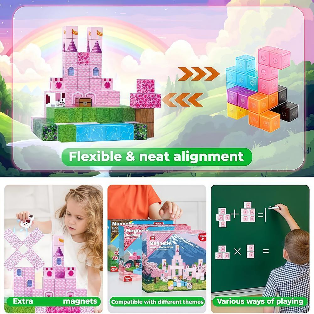 Non-Toxic Children Magnetic Building Set 100Pcs Free Build Pink Castle 3D Diy Creative Ornament Stem Educational Gift Holiday Present Box