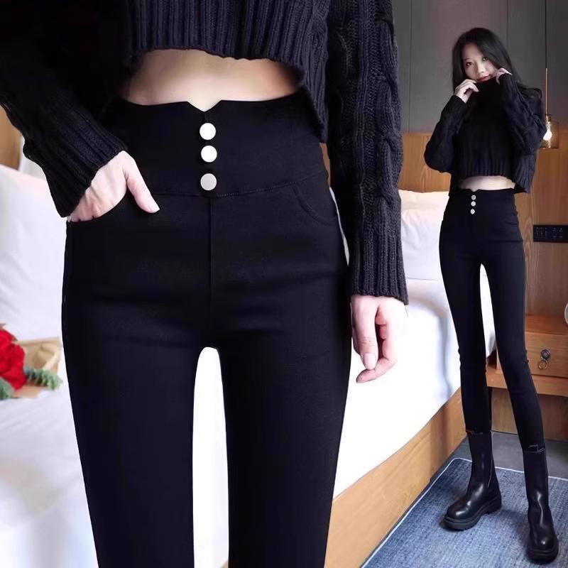 High-Waisted Black Base Layer Pants for Women - Plus Size, Thickened, Elastic, Perfect for Spring & Autumn, Ideal with Boots.