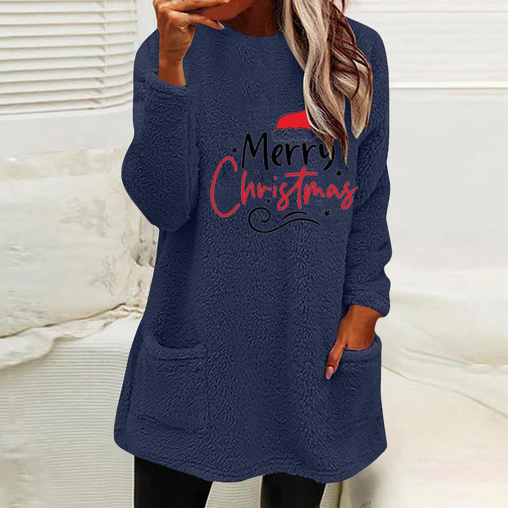 Women's Loose Long Sleeve Christmas Hat Print Fleece Hoodie