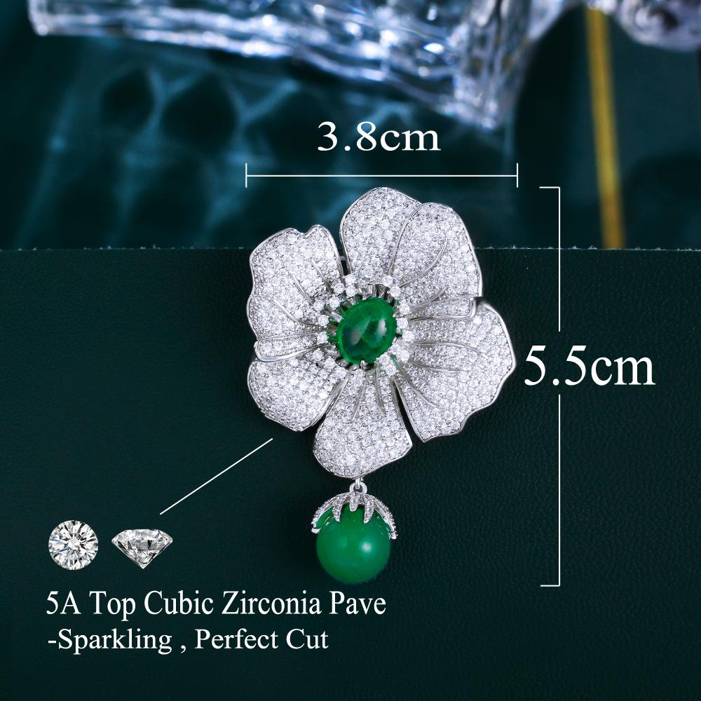 Fashion Jewelry Chic Cubic Zircon Big Flower Green and White Flower Brooch Pin for Women Luxury Dress Clossing Accessories