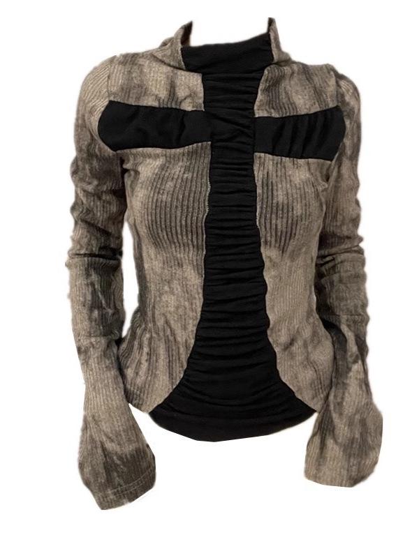 Amerikanisches Retro Scharfes Mädchen Patchwork Rollkragen Slim Fit Langarm Damen Oberteil