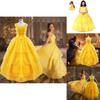 Disney Princess Belle Cosplay Costume Fancy Dress Halloween Adult Yellow Layered Full-length Ball Gowns