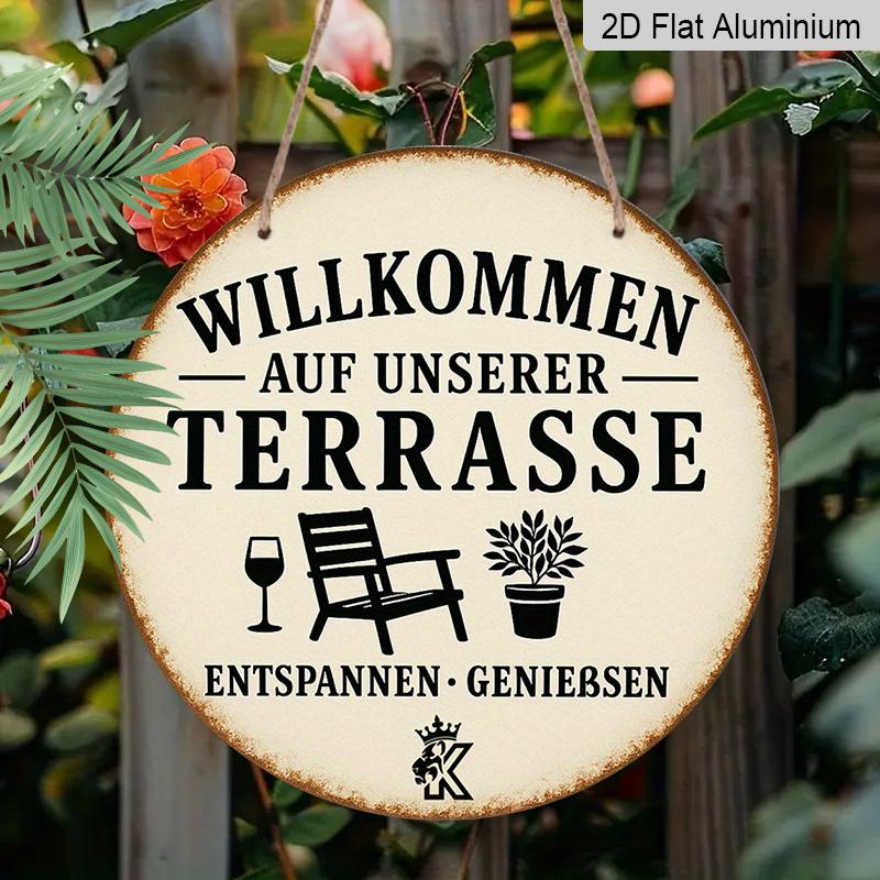 2D Flat, 1pc Aluminum Metal Sign, Welcome Patio German Quote Wall Decor for Porch or Terrace - Perfect Gift Idea In Retro Outdoor Style with Garden
