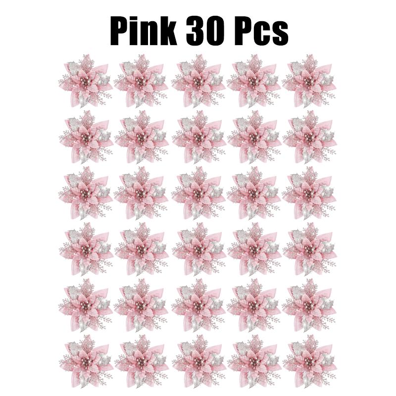 10/30/50PCS Glitter Christmas Flowers Fake Flower Tree Decorations 2026 Home Tree Pendant Ornaments Navidad New Year Gift