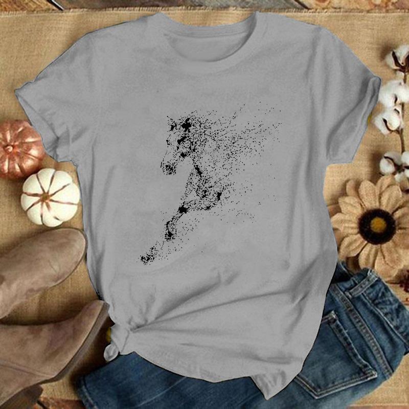 Fashion Horse Print Tshrits for Women Summer Short Sleeve Round Neck Cute Loose Tshirt Creative Women Clothes S