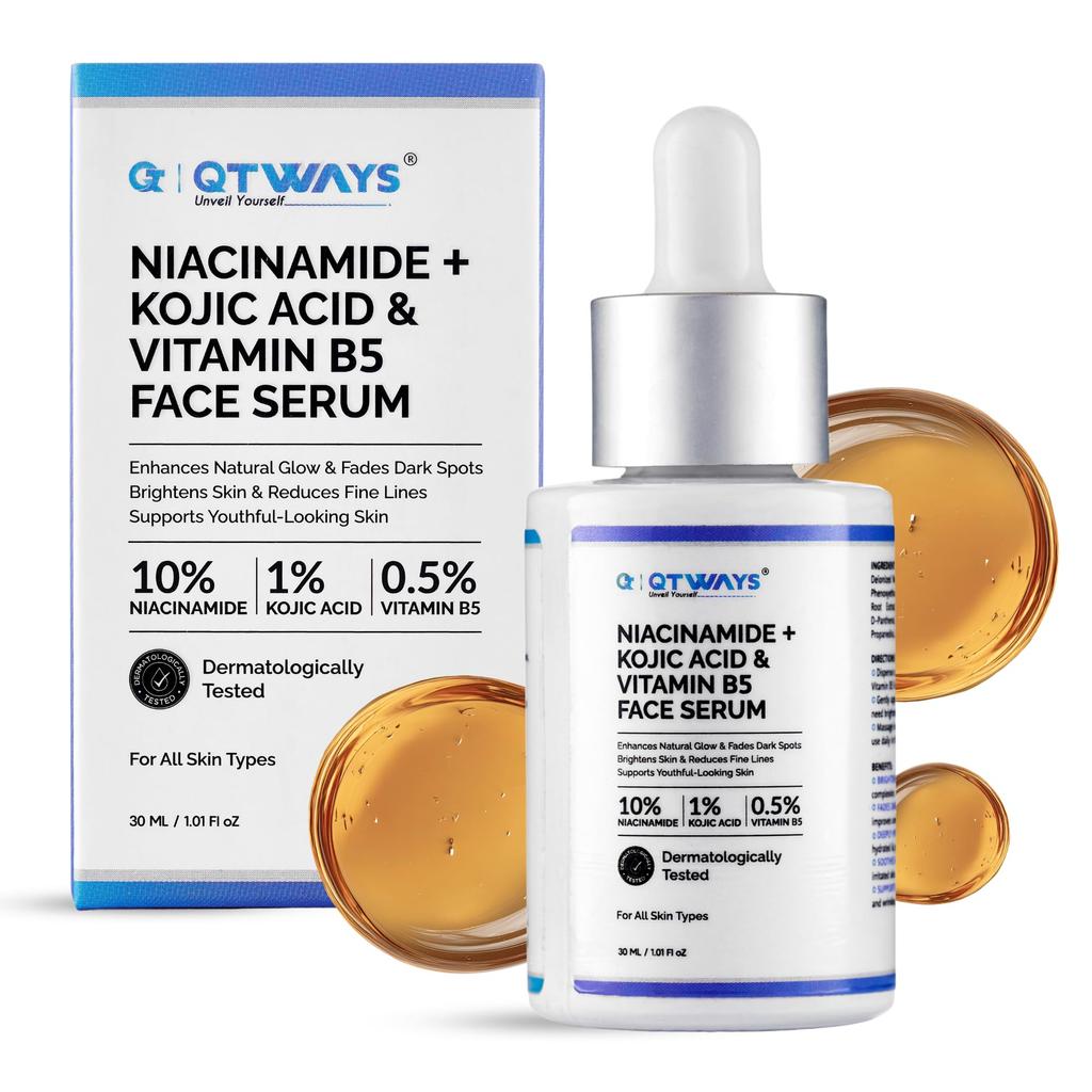QTWAYS 10% Niacinamide + 1% Kojic Acid + Vitamin C + Alpha Arbutin Face Serum,Vitamin B5 (Pack of 1) - 30ml | 7-Active Brightening with D-Panthenol