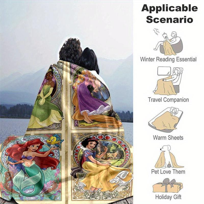 1pc Disney Princesses Glass Design Throw Blanket, Home Decor, Couch Cover, Outdoor Blanket, Gift for Her, Flannel Blanket, Suitable for Bedroom, Livin