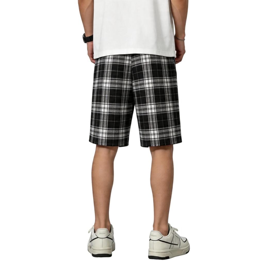 Men Drawstring Waist Plaid Print Casual Shorts Relaxed Fit Lightweight Breathable Fabric Knee Length Summer Bottoms