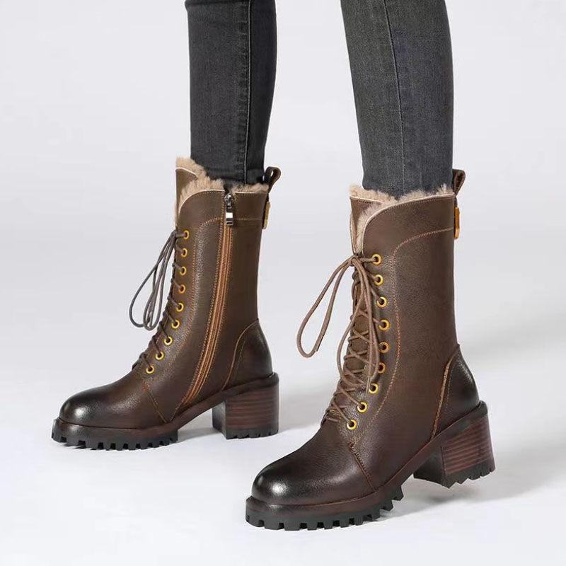 Autumn Winter Fleece-Lined Lace-up Ladies Mid Calf Shoes Warm Round Toe Middle Heel Women's Half High Boots  New In Footwear