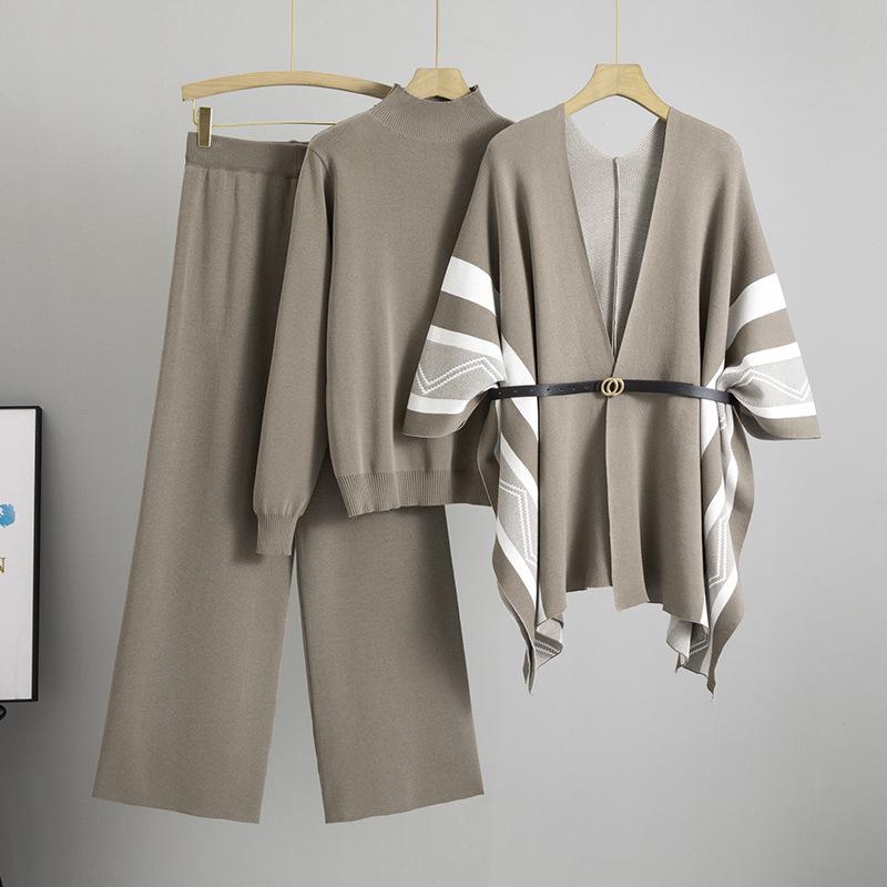 Women's Cross-Border Fashion: Knit Shawl Cardigan, High Neck Sweater, and Wide-Leg Pants Set.