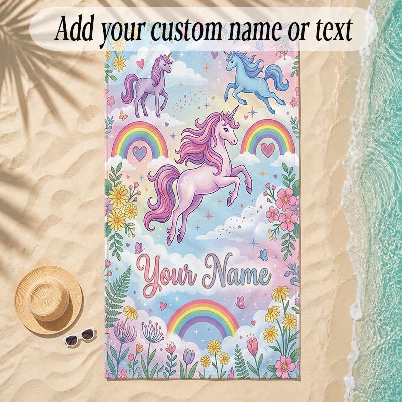 Unicorn Theme Soft Beach Towel Personalized Custom Name Text Towel Portable for Beach Pool Travel