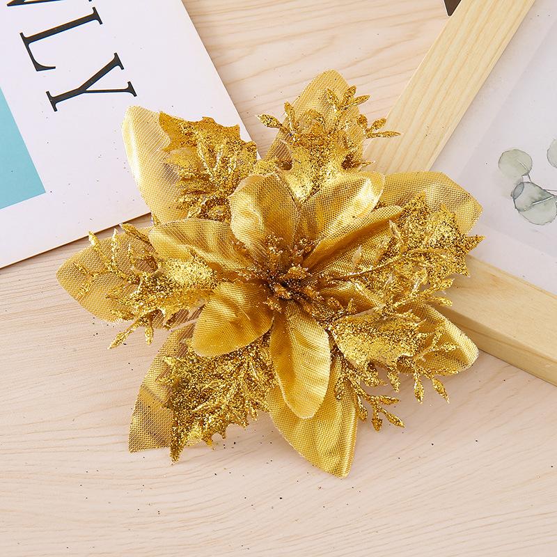 10PCS Poinsettia Christmas Flowers Decoration Artificial Glitter Christmas Tree Ornaments Xmas Party Wreath DIY Garland Decor