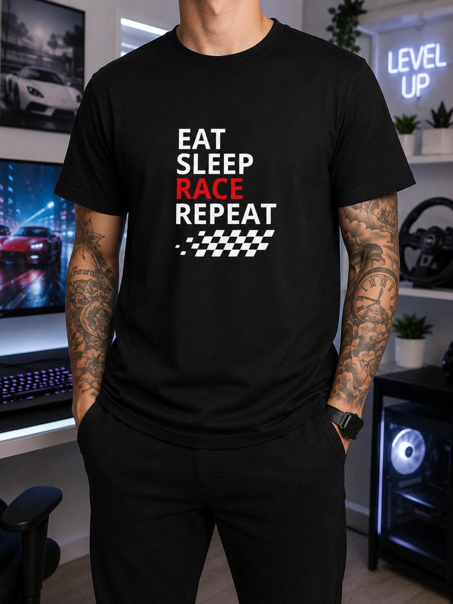 Eat Sleep Race Repeat T-Shirt | Racing Graphic Tee, Checkered Flag 4XL