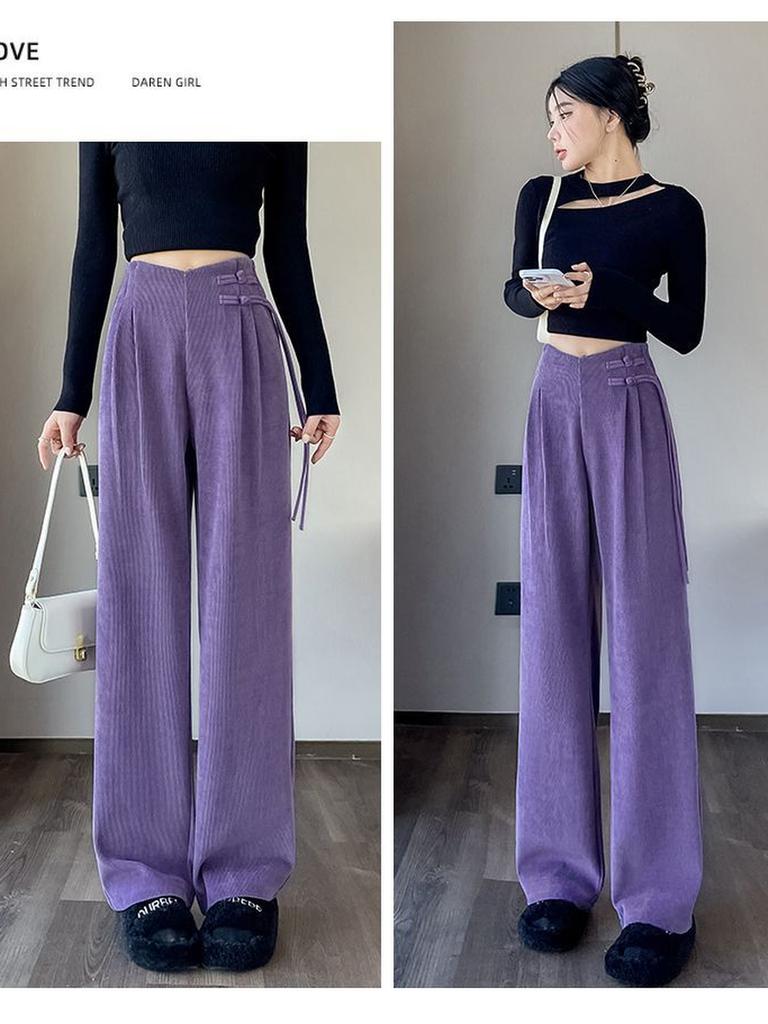 Meilade Autumn Winter Chinese Style Pao Kuao Fleece-Lined Sherniel Wide Leg Pants Women High Waist Drop Crotch Straight Leg Casual Trousers