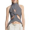 Women's Summer Sleeveless Vest Irregular Hollowed Out Kink Half High Neck Color Crop Knitted Vest Top