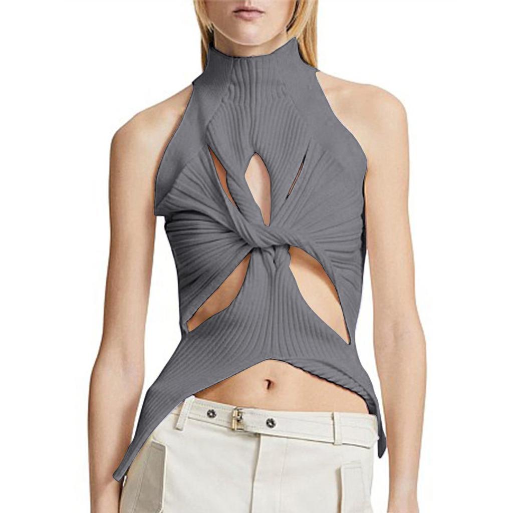 Women's Summer Sleeveless Vest Irregular Hollowed Out Kink Half High Neck Color Crop Knitted Vest Top
