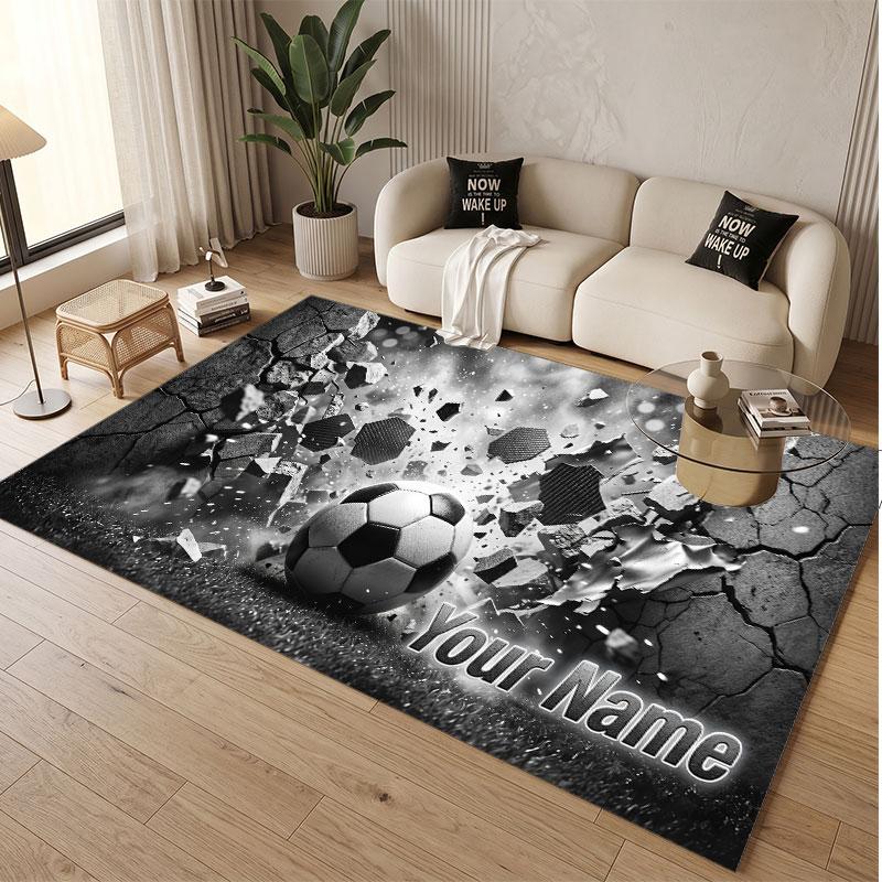 Soccer Theme Soft Crystal Velvet Rug Custom Name & Text Print Non Slip Floor Rug for Bedroom Living Room
