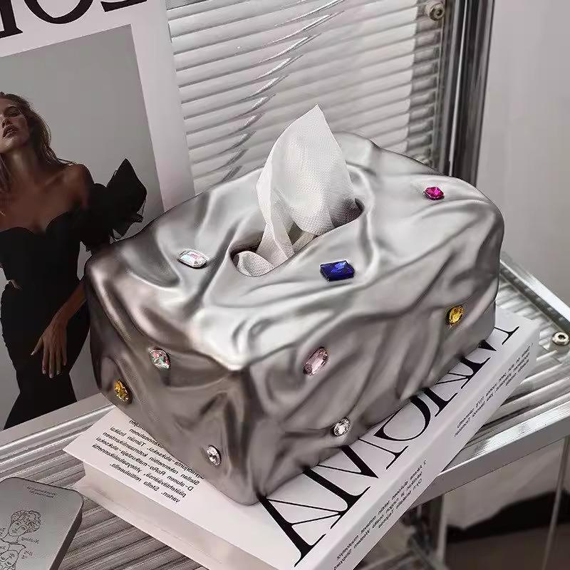 Ceramic Tissue Box Inlaid with Colorful Gemstones Folded Napkin Holder Desktop Storage Container  Toilet Paper Holder