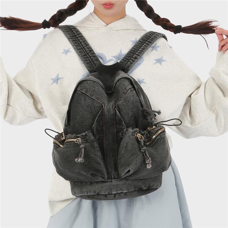 Denim Backpack Women's Fashionable Casual School Bag Trendy Rucksack with Drawstring Pockets