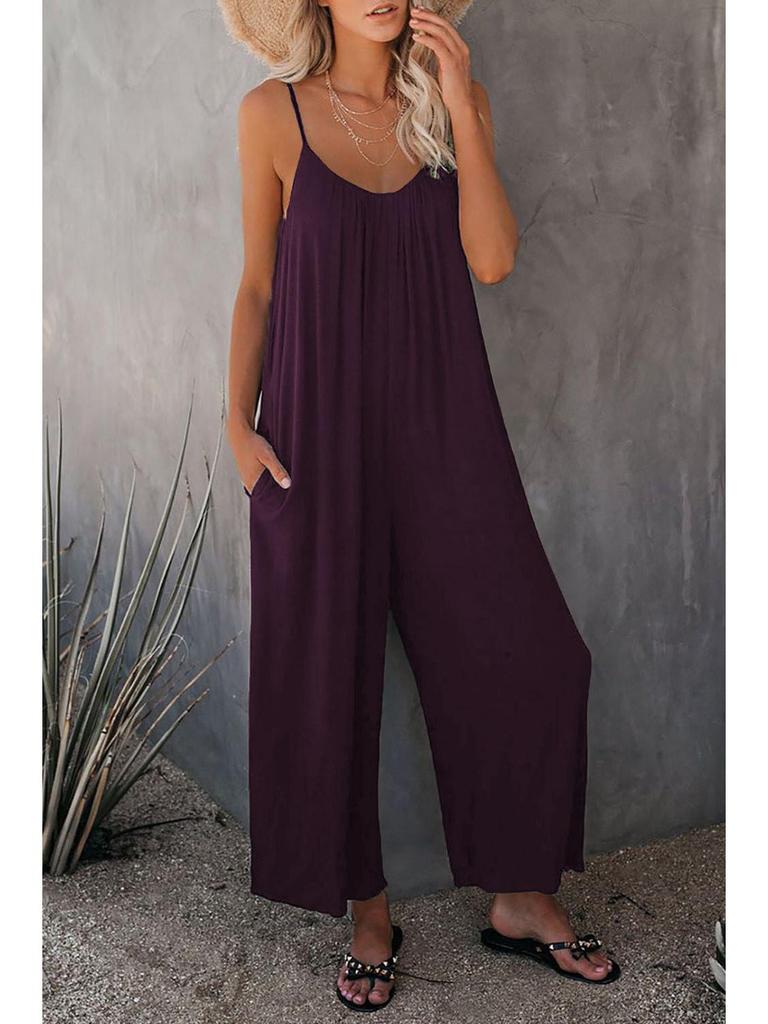European & American Women's Solid Color Pocket Suspender Jumpsuit