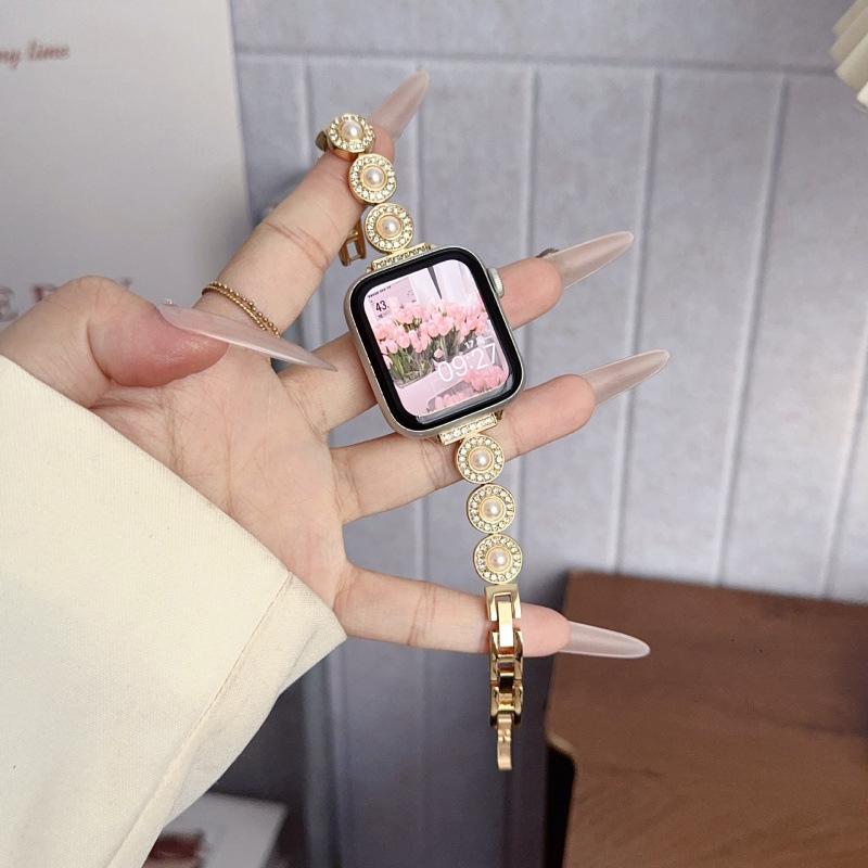 French Style Pearl Metal Chain Band for Apple Watch 11, iWatch 10987E, Huawei GT6, Xiaomi 9