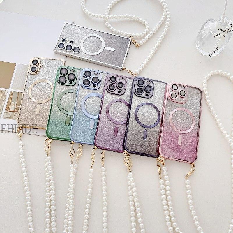 Case For Samsung Galaxy A16 A36 A06 A55 A35 A15 A25 A05 A05S Magsafe Magnetic Pearl Crossbody Cord Lanyard Strap Glitter Cover