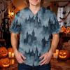 Men's Halloween Print V-Neck Scrub Top with Pocket Short Sleeve Uniform Shirt
