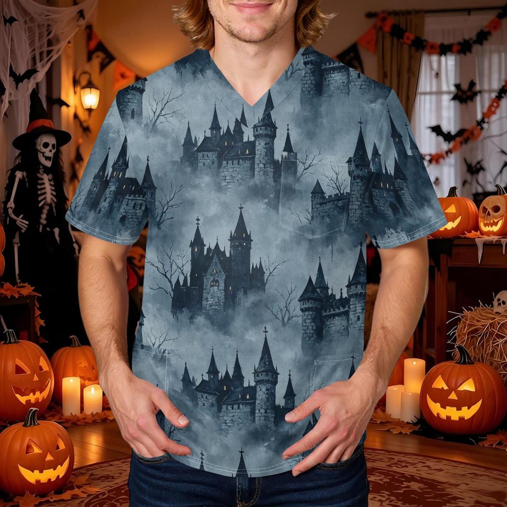 Men's Halloween Print V-Neck Scrub Top with Pocket Short Sleeve Uniform Shirt