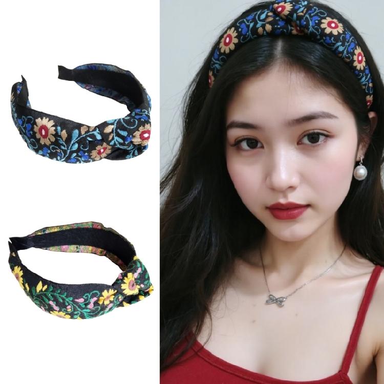 Mexico Embroidery Flower Knotted Headbands Wide Hairhoop for Women Special Occasion and Festival Dressingup Accessory