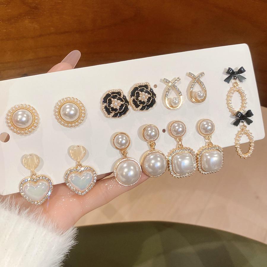 6/10/12 Pcs Simulated Pearl Round Square Stud Earrings Small French Elegant Daity Ear Studs for Women Daily Jewelry Sets F