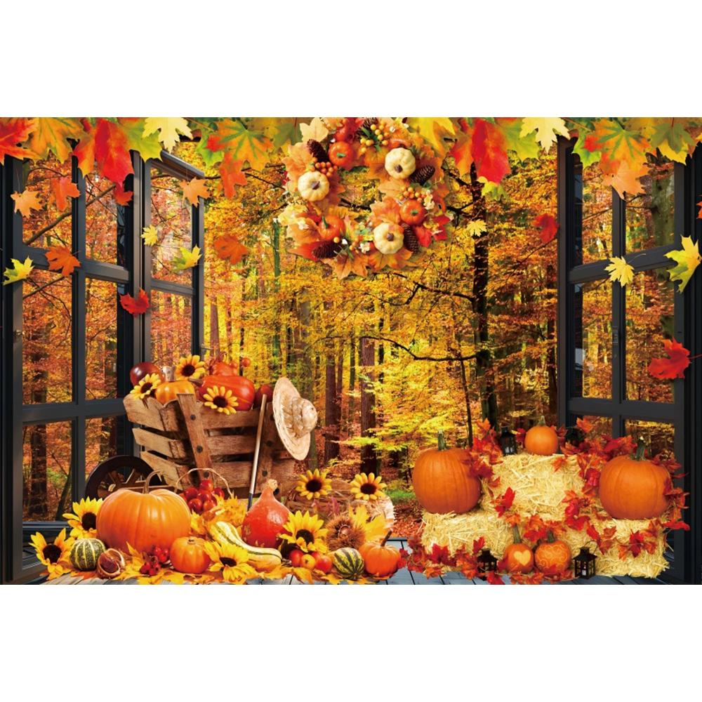 Autumn Forest Window Photography Backdrop Fall Maple Leaves Pumpkin Harvest Thanksgiving Kids Portrait Photo Background Decor