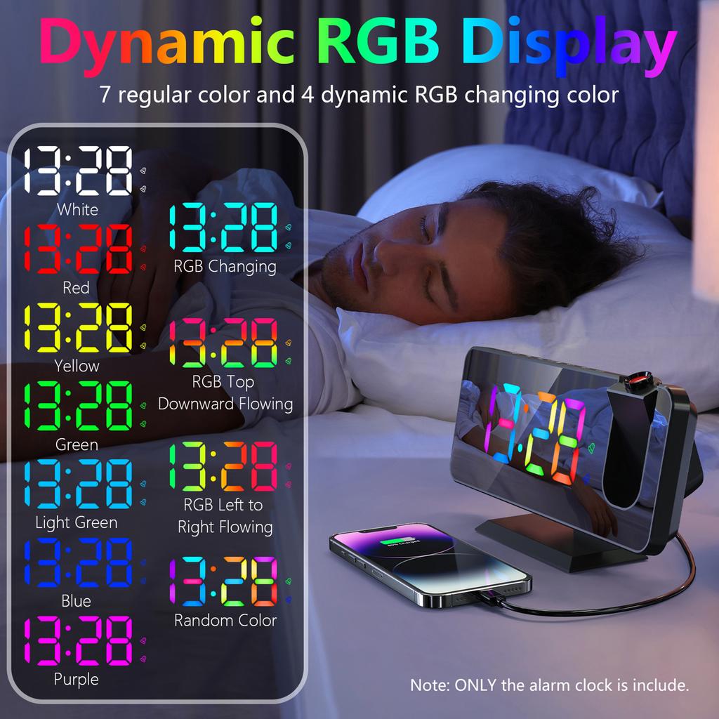 Digital 180 degrees Projection Alarm Clock with Dynamic RGB Light Brightness Snooze Dual Alarm Setting USB Port Mirror Clock for Be