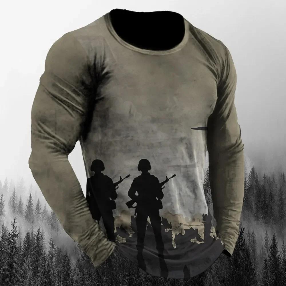 T-Shirts Camouflage Muster Vintage Herren Langarm T-Shirt Herbst Druck Rundhals Kleidung Lässig High Street Oversized Herren Oberteile