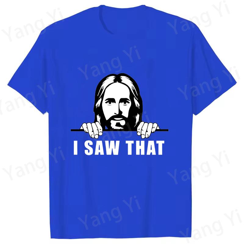I SAW THAT Print Short Sleeve Casual Tshirt Pattern of Jesus Peering Behind the Wall Pattern Tee Short Sleeve Unisex Womens Tops