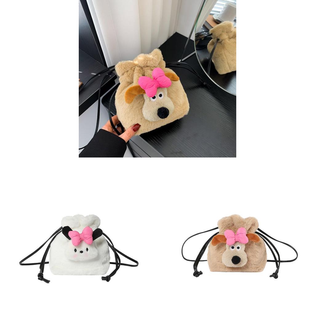 Plush Dog Cartoon Water Bucket Bag With Drawstring Closure For Daily Use