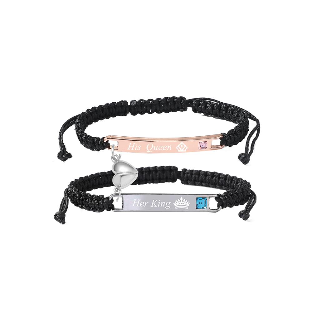 Personalized Custom Engraved Love Stainless Steel Magnetic Clasp Woven Cord Couple Matching Bracelet Set for Him Her