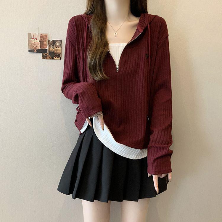 Women s Plus Size Ribbed Two-Piece Hooded Long Sleeve Top: Slimming, Loose-Fit Autumn Style 3XL красный
