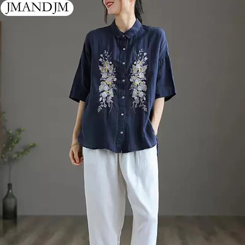 

Летняя женская футболка, льняная футболка, модные лоскутные топы, футболки, рубашка-туника большого размера с цветочным принтом, свободная повседневная блузка с вышивкой