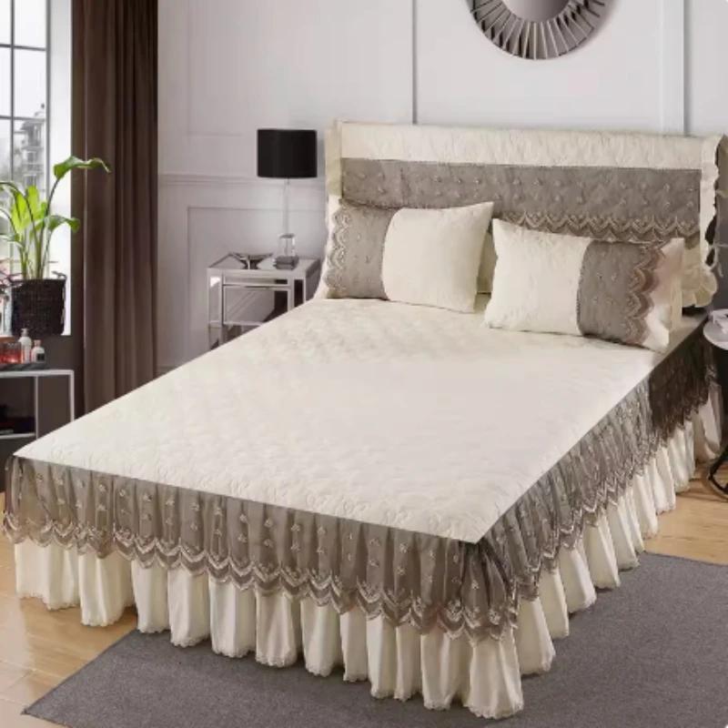 3pcs Lace Bed Skirt Ruffle Lace Skirt Style Bedspread Princess Style Anti Slip 1.8m Double Bed Cover with Strap Protection Cover