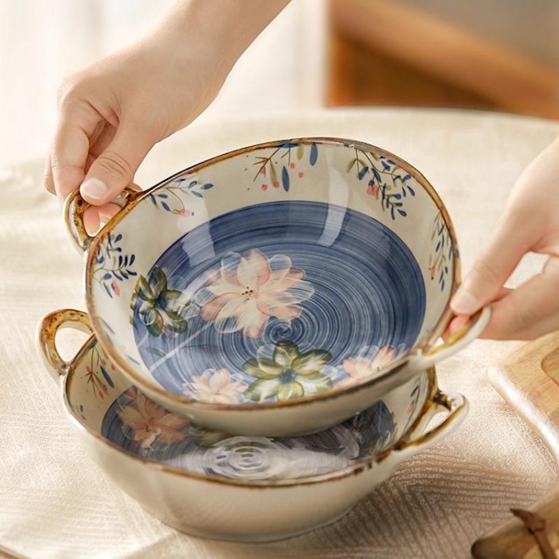 Keramická polévková mísa v japonském stylu s uchem 800 ml, Květinová servírovací mísa s podglazurní barvou na dušené maso, těstoviny, cereálie, Vhodná do mikrovlnné trouby a trouby, 1 ks