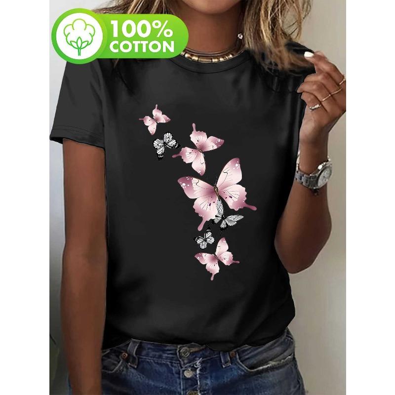 

Women Round Neck Short Sleeve T-Shirt Butterfly Print Pink Floral Design White Casual Spring Summer Fall Soft Comfortable Fashion Top 4XL чорний