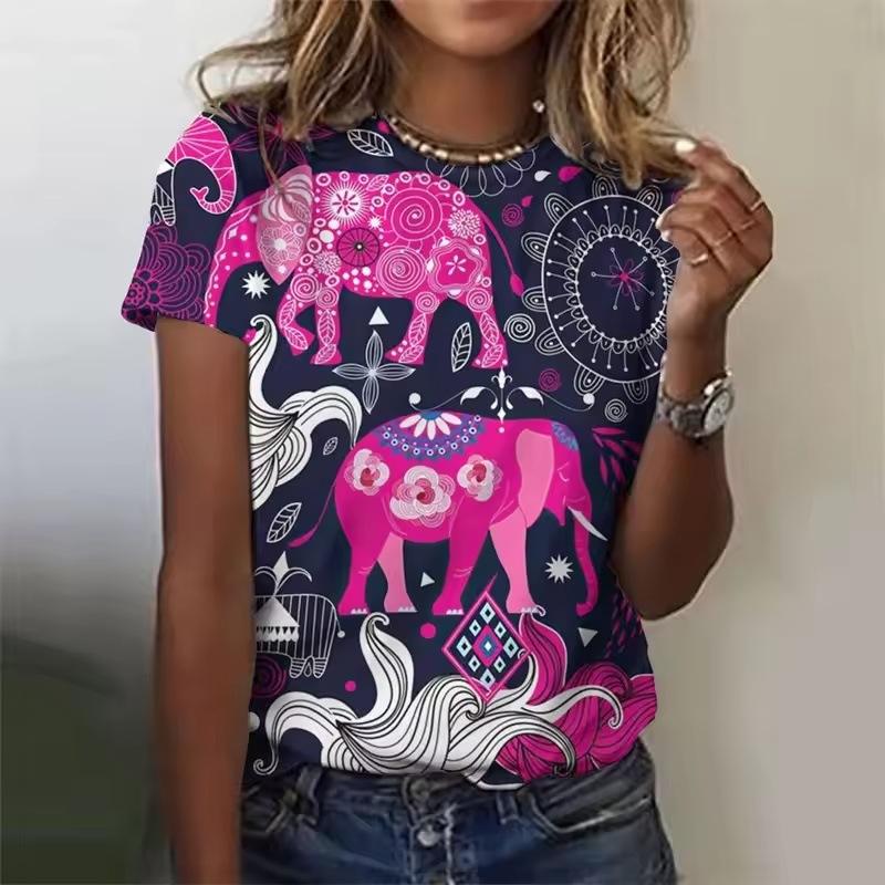Summer Round Neck Retro Bohemian 3D Print Top Fashionable Casual Short Sleeved Women's T-shirts
