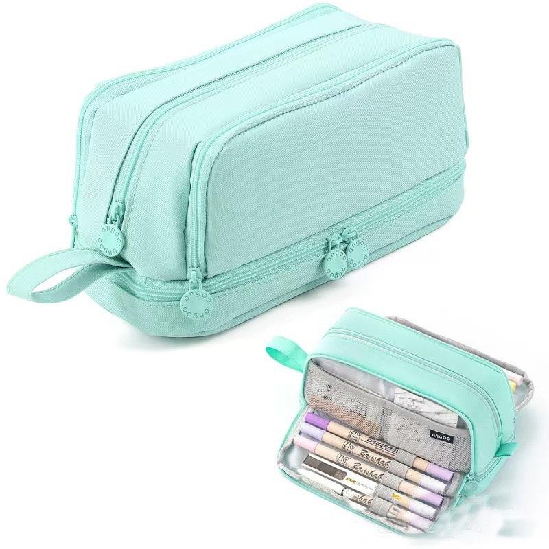 Cross-border  Fabric Pencil Case Stationery Bag Student Macaron Color Double Window Multi-function Learning Zipper