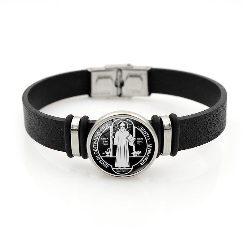 Benedict Saint Elegant Medal Adjustable Bracelet Stylish Black Leather Jewelry Gift Unisex